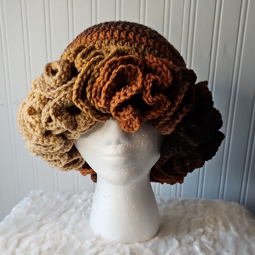 New Handmade Crochet Ruffle Bucket Hat - Rustic Brown Ombre